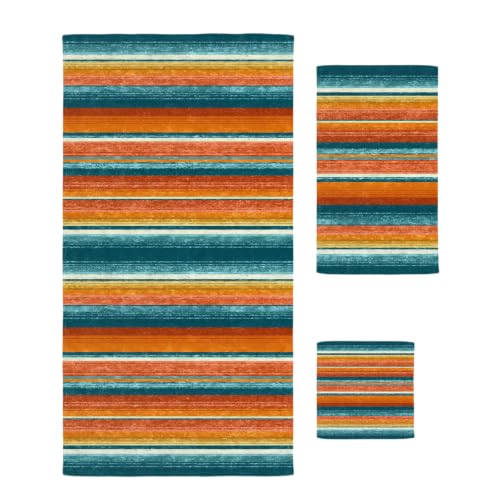 Teal Orange Striped Bath Towel Set of 3 - Microfiber Absorbent Bathroom & Beach Towels