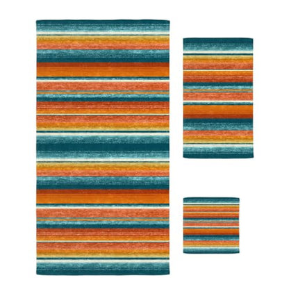 Teal Orange Striped Bath Towel Set of 3 - Microfiber Absorbent Bathroom & Beach Towels