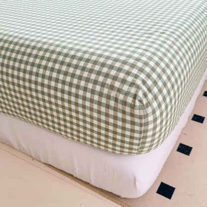 Green Gingham King Fitted Sheet Deep Pocket 16 Inch Washed Cotton Bedding