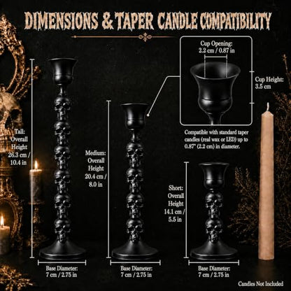 Gothic Skull Candle Holders Set – Halloween Taper Candlestick Decor – 3 Pack