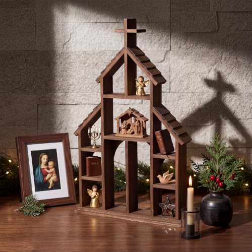 Wooden Cross Church Shelving - Hanging Display Floating Shelves for Religious Decor