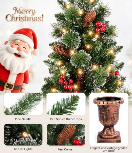 4ft Pre-Lit Artificial Christmas Tree with Snow, Gold Pot Base, Pine Cones