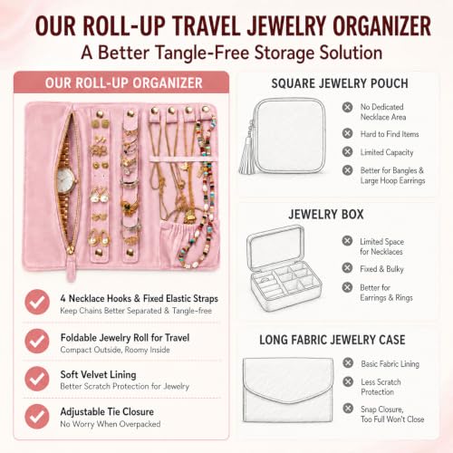 Travel Jewelry Organizer Case Pink Jewelry Roll for Necklaces Rings & Earrings