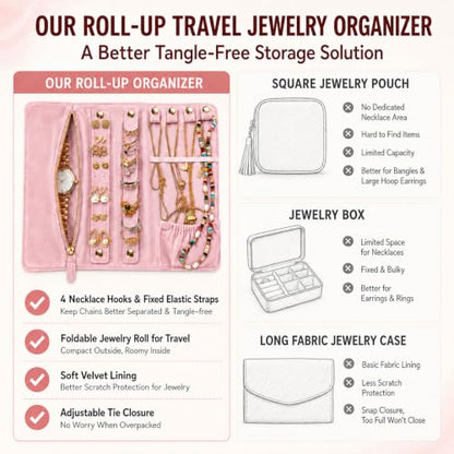 Travel Jewelry Organizer Case Pink Jewelry Roll for Necklaces Rings & Earrings