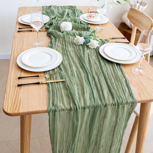 Sage Green Cheesecloth Table Runner - 10FT Boho Gauze for Weddings and Holidays - 4 Pack