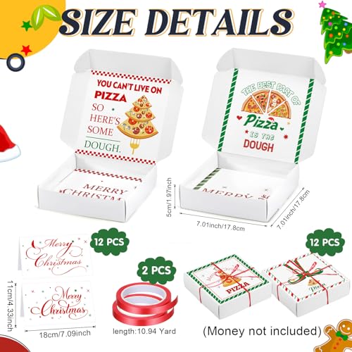 12 Pack Christmas Pizza Gift Boxes - 7 x 7 Inch Kraft Paper Holiday Money Holders with Cards & Ribbons