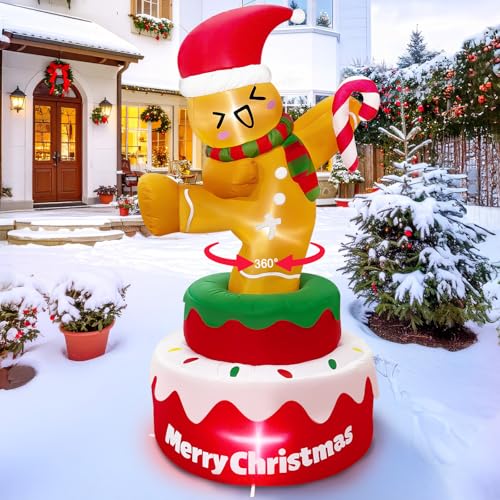 OurWarm 5FT Gingerbread Christmas Inflatable Outdoor Decoration - Rotating Santa Hat & Candy Cane