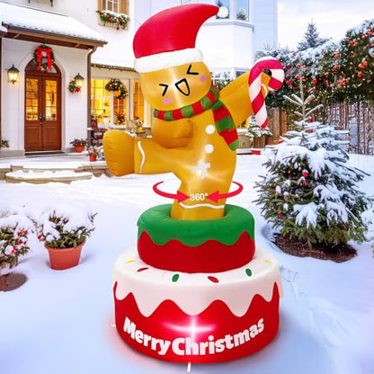 OurWarm 5FT Gingerbread Christmas Inflatable Outdoor Decoration - Rotating Santa Hat & Candy Cane