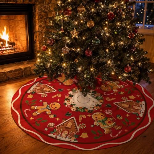 Christmas Tree Skirt 47 Inch Red Gingerbread House Candy Cane Decor