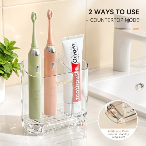 Clear Wall Mounted Electric Toothbrush Holder with 2 Slots & Removable Divider