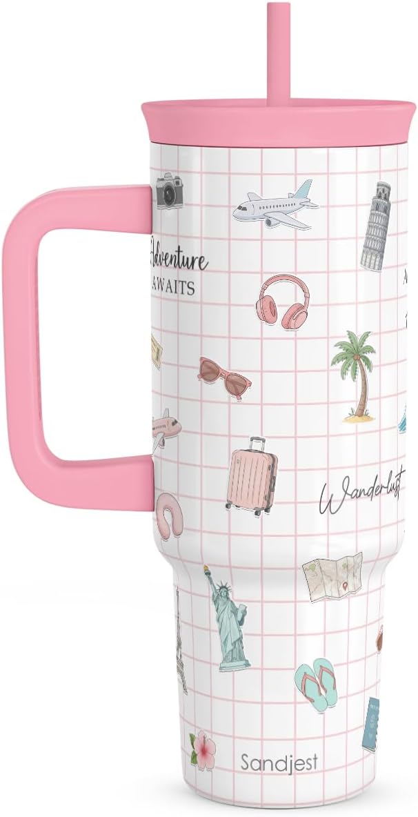 SANDJEST Stainless Steel Travel Tumbler - 40oz Insulated Cup with Locking Lid & Silicone Straw | Perfect Gift for Women