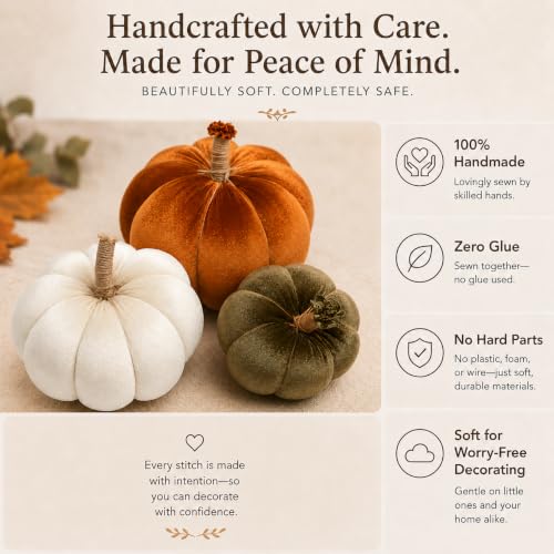 Velvet Pumpkin Set of 3 - Handmade Fall Decor for Home, Rustic Thanksgiving Centerpiece, Autumn Harvest Mantel Shelf Decorations, Orange Ivory Sage Green