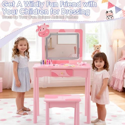 Kids Vanity Set with LED Mirror & Cow Shape - Pink with Cow Pattern