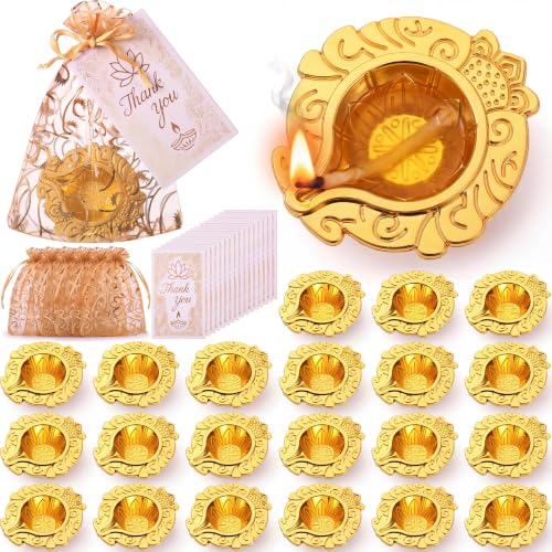 36-Piece Brass Diya Return Gift Set for Diwali Pooja with Cards & Bags - Indian Festival