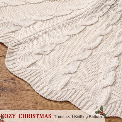48 Inch Chunky Cable Knit Christmas Tree Skirt - Beige, Farmhouse Style