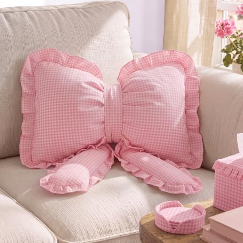 Pink Gingham Bow Pillow Ruffled Plaid Decorative Cushion - Ruffled Variation