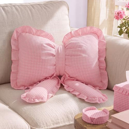 Pink Gingham Bow Pillow Ruffled Plaid Decorative Cushion - Ruffled Variation