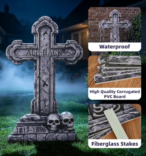 Halloween Tombstones Outdoor Graveyard Decorations 25.6 Inch - 6 Pack, Weatherproof Plastic Set - Spooky Yard Props with Stable Stakes