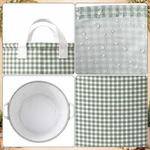 Sage Green Gingham Collapsible Laundry Hamper with Handle - Stylish Storage Basket