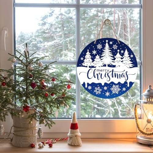 Christmas Tree Front Door Sign - Blue Snowflake Wooden Holiday Decor - Variation of Blue Tree