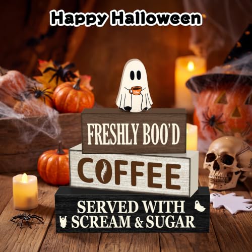 Oat Halloween Wooden Coffee Decor Set - Ghost & Slogan Farmhouse Holiday Decorations