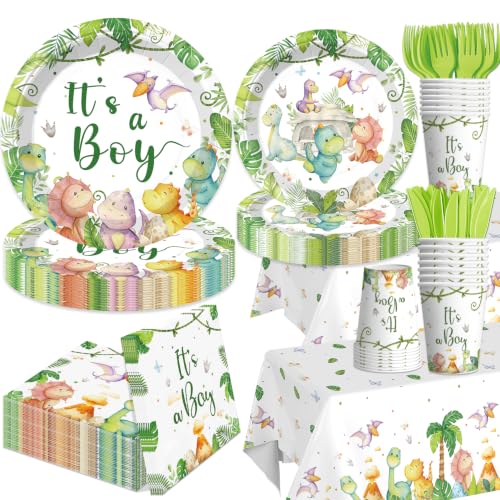 Dinosaur Baby Shower Tableware Set - 16 Serves, Watercolor Dinosaur Theme