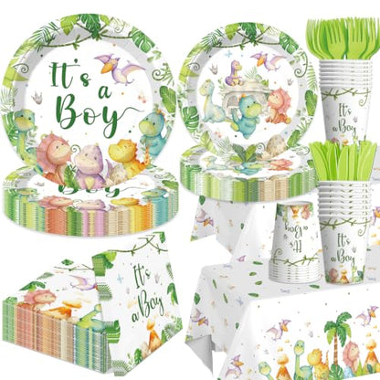 Dinosaur Baby Shower Tableware Set - 16 Serves, Watercolor Dinosaur Theme