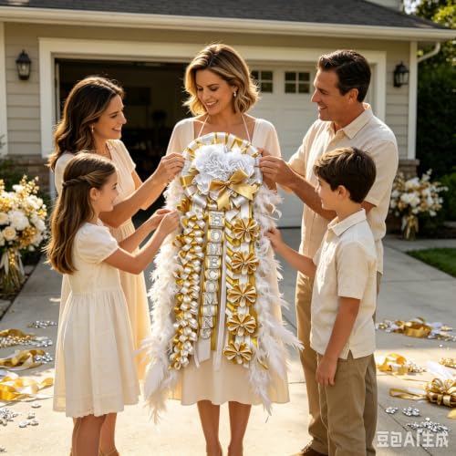 Large White Gold Homecoming Mum with Feathers & Satin Ribbon - Variation: White Gold Hoco