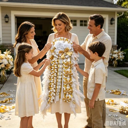 Large White Gold Homecoming Mum with Feathers & Satin Ribbon - Variation: White Gold Hoco