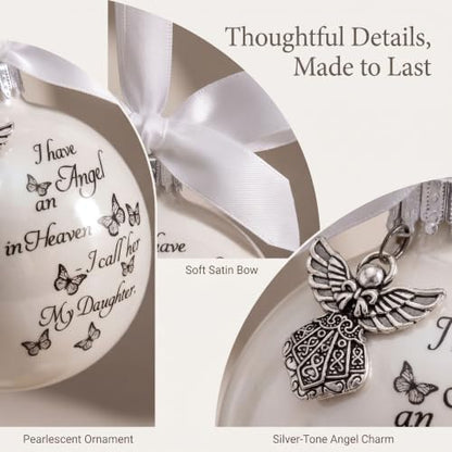 Angel Memorial Ornament with White Feathers and Bow Tie - Christmas Holiday Decorations for Loss of Daughter