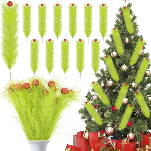 12 Pack Lime Green Christmas Tree Picks with Red Glitter Balls - Holiday Tree Decorations
