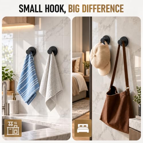 Black Suction Cup Hooks for Shower Bathroom 4-Pack - No Drill, Reusable