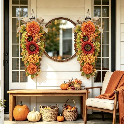 Fall Swags for Front Door - 23.6 Inch Autumn Wreath Set Orange Yellow - 2 Pieces