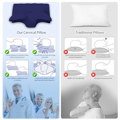 Cooling Memory Foam Neck Pillow with Support Armrests - Orthopedic Contour Bed Pillow for Side Back Stomach Sleepers, Navy