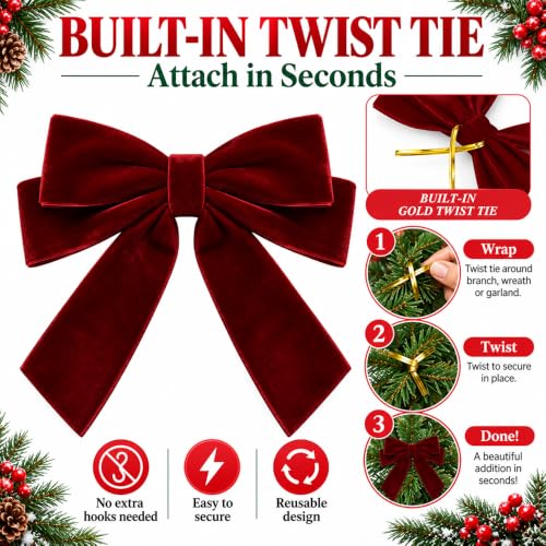 Burgundy Velvet Christmas Tree Bows - 24 Pack Holiday Decorations