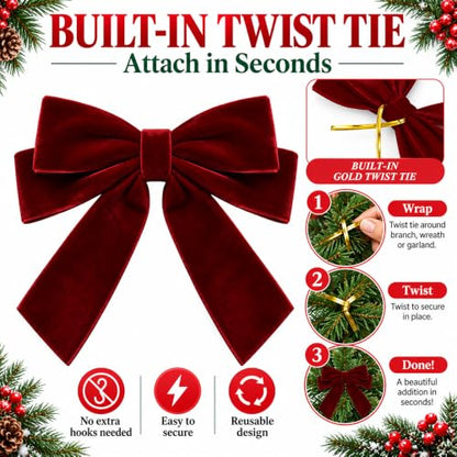 Burgundy Velvet Christmas Tree Bows - 24 Pack Holiday Decorations