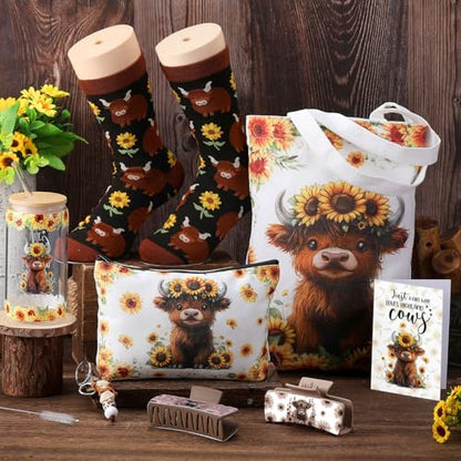 Sunflower Highland Cow Gift Set with Tumbler Tote Bag Socks - Cute Christmas Present