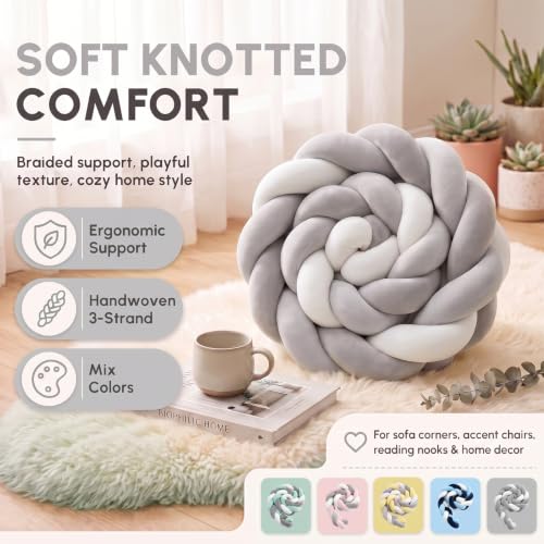 Knot Pillow - Gray White Woven Accent Bolster Cushion 78 Inch, Modern Boho Decor