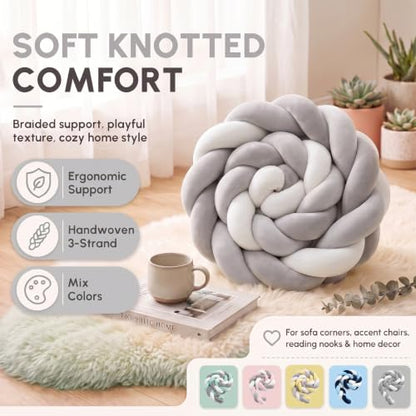 Knot Pillow - Gray White Woven Accent Bolster Cushion 78 Inch, Modern Boho Decor
