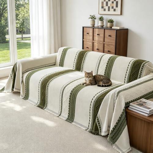 Boho Green Couch Cover for Sofa - Washable Pet-Friendly 2 Cushion Size