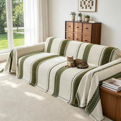 Boho Green Couch Cover for Sofa - Washable Pet-Friendly 2 Cushion Size