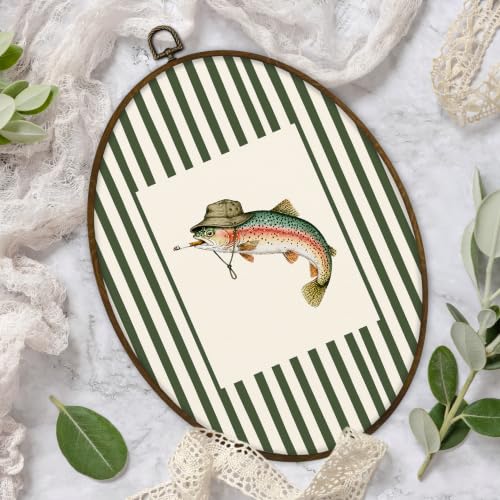 Oval Wall Art Fish Decor - Whimsical Trout Framed Wall Art 8.7 x 11.3 Inches - Fish5 Variation