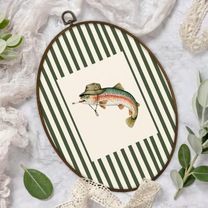 Oval Wall Art Fish Decor - Whimsical Trout Framed Wall Art 8.7 x 11.3 Inches - Fish5 Variation