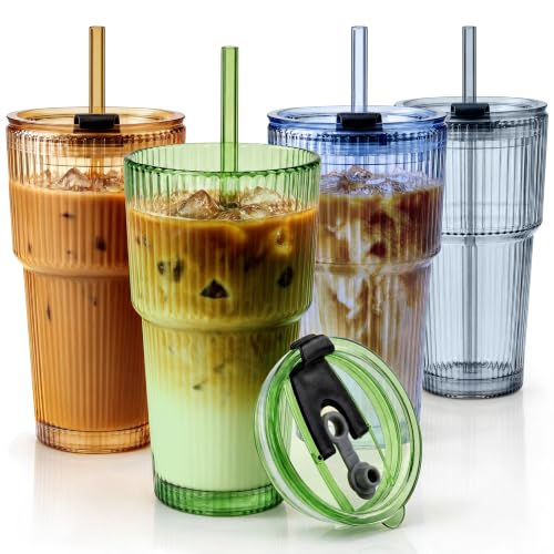 Glass Tumbler Set with Lids and Straws, 20 oz Drinkware for Cold Beverages