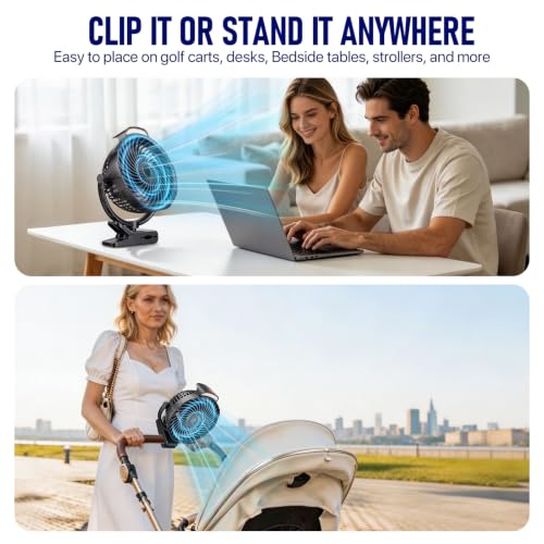 Rechargeable Clip-On Fan with LED Light - 8-Inch, 9 Speeds, 30H Run, Black