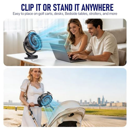 Rechargeable Clip-On Fan with LED Light - 8-Inch, 9 Speeds, 30H Run, Black
