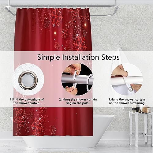 Christmas Shower Curtain 72 x 72 Inches Red Snowflakes Waterproof Polyester Set with Hooks