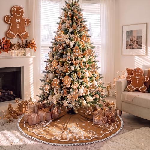 48 Inch Christmas Gingerbread Tree Skirt Velvet with White Pom Poms