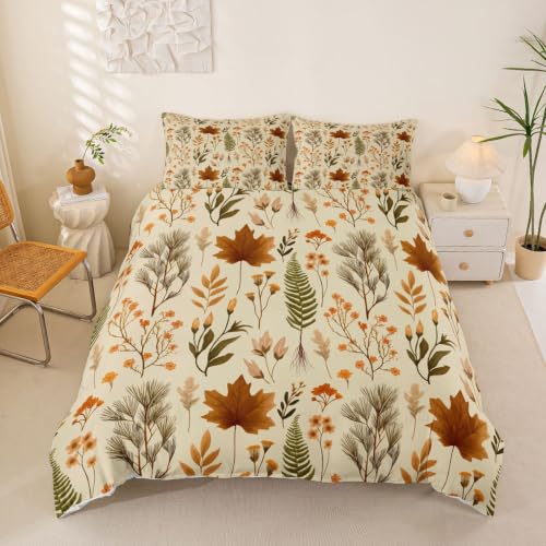 Manfei Fall Maple Leaf Kids Duvet Cover Set Queen Size Vintage Beige with Pillowcases