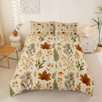 Manfei Fall Maple Leaf Kids Duvet Cover Set Queen Size Vintage Beige with Pillowcases